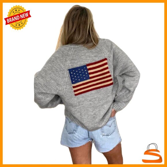 Sweaters - American Flag Knit Cardigan Sweater Women's Loose Fit Polyester Blend